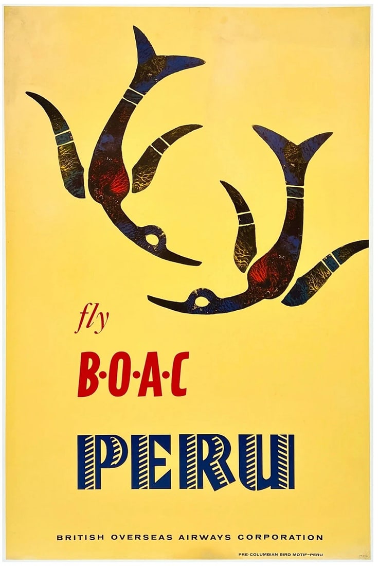 Original Vintage Poster FLY BOAC PERU British Air Airline Travel Tourism LINEN: Condition: Used,Type: Poster,Airline: British Airways,Country of Origin: United StatesCondition: Good / Fair * (linen backed; edge and corner wear, tears, creasing; some restored losses along the bott