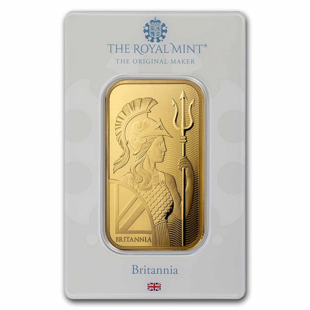 1 oz Gold Bar - The Royal Mint Britannia (In Assay): Country of Origin: England,Brand: Private Mint,MPN: 172949,Year: N/A,Fineness: 0.9999,Denomination: 1 oz,Circulated/Uncirculated: None,Certification: Uncertified