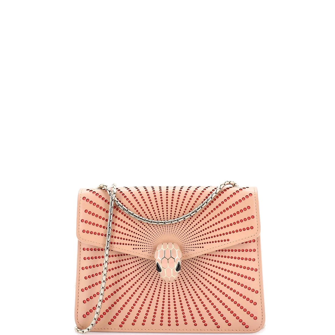 Bvlgari Serpenti Forever Square Shoulder Bag Laser Cut Leather Small: Condition: Pre-owned - Excellent,Brand: Bvlgari,Exterior Material: Leather,Style: Shoulder Bags,Exterior Color: Pink,Department: Women,Size: Small,Accessories: Mirror, Dust BagEstimated Retail Price: