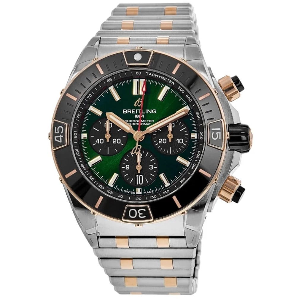 New Breitling Super Chronomat B01 44 Chronograph Men's Watch UB0136251L1U1: Breitling Super Chronomat B01 44 Chronograph Men's Watch . CaseCase MaterialRose Gold & Stainless SteelCase DescriptionBrushed and Polished 18K Rose Gold & Stainless SteelCase FinishBrushed and Polish