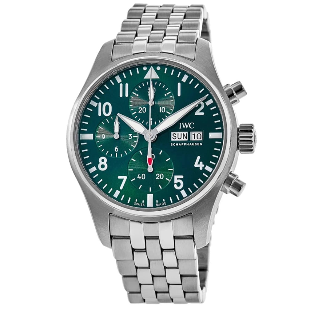 New IWC Pilot's Chronograph Green Dial Steel Men's Watch IW388104: CaseCase MaterialStainless SteelCase ShapeRoundCase Diameter41.00mmCase Thickness14.50mmCase BackTransparentCrystalScratch Resistant SapphireDialDial ColorGreenDial DescriptionSilver tone hands and Ar