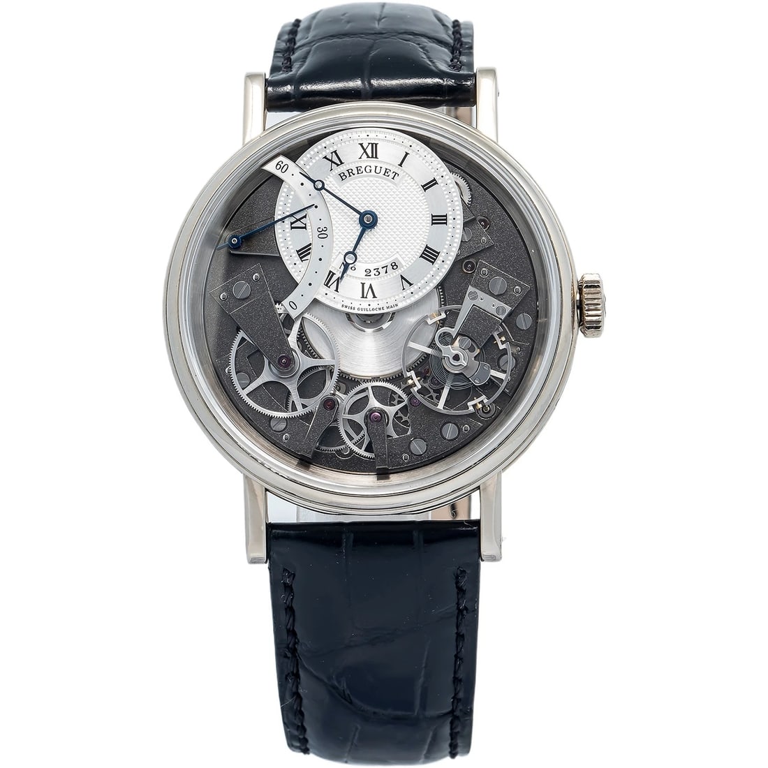 Breguet Tradition 7097BB 18k White Gold Skeleton Dial Auto Men's Watch 40mm: Case Size40mmWrist Fit8 inchesBoxNoPapersNoCondition — Used - GoodFull SpecificationsBrandBreguetCustomizedNoSerial #2xxxxxGenderMenBand MaterialLeatherBand ColorBlackBezel Diameter39mmCase
