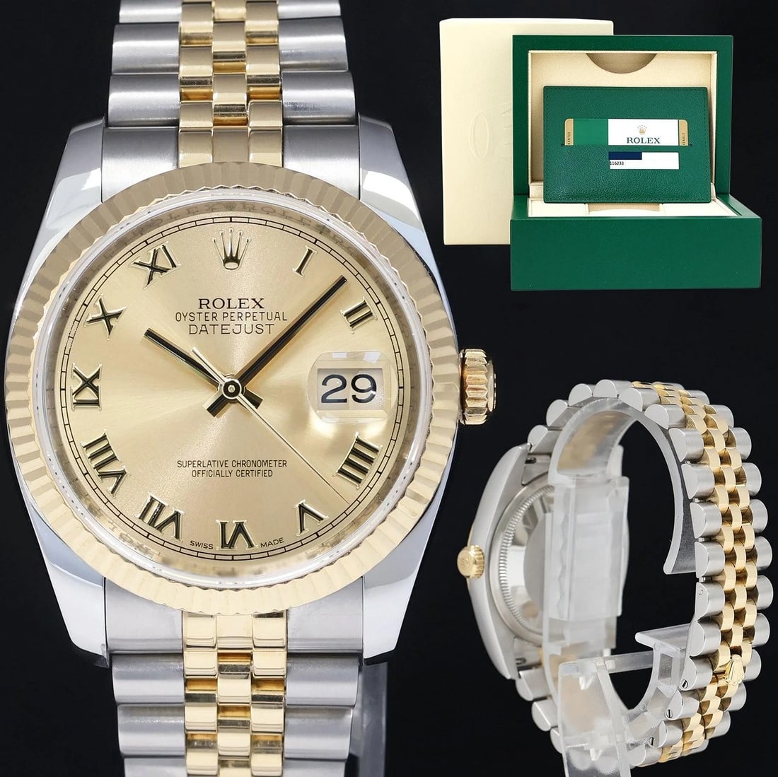 PAPERS 2014 MINT Rolex 116233 DateJust Jubilee Two Tone Gold Champagne Roman: Brand Rolex (Guaranteed Authentic)ModelDateJustReference Number116233Serial NumberRandomGenderUnisexMetalStainless Steel / Yellow GoldCase Size36.00mmWrist SizeThis watch will currently comfortably fi