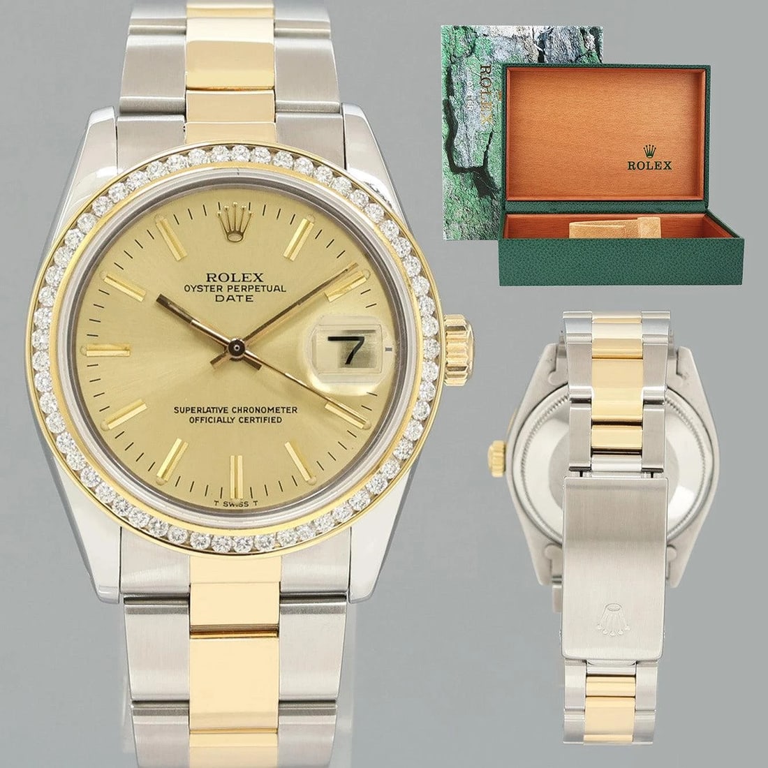 MINT DIAMOND Rolex Oyster Perpetual 1500 Date Two Tone Gold Champagne Watch: Brand Rolex (Guaranteed Authentic)ModelOyster Perpetual DateReference Number1500Serial Number5.8 millionGenderMen'sMetalStainless Steel / Yellow GoldCase Size34.00mmWrist SizeThis watch will currently
