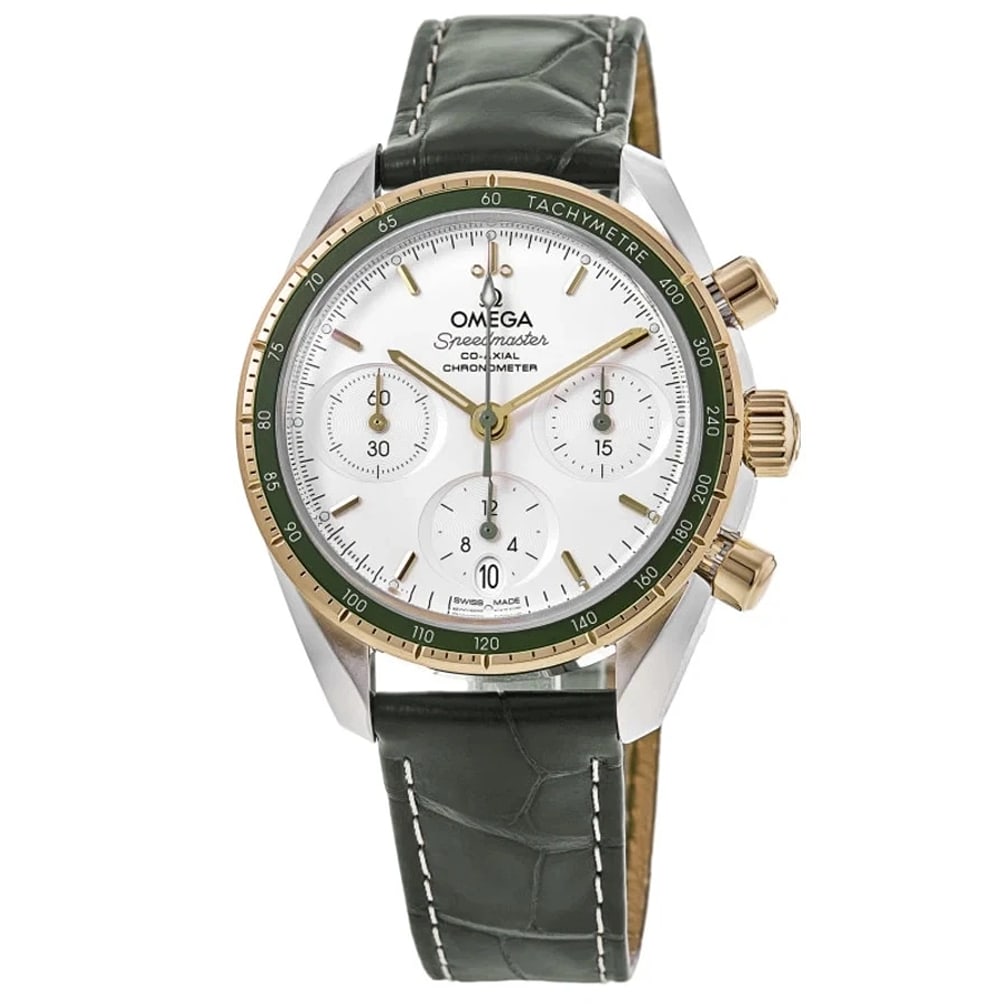 Omega Speedmaster Steel And Yellow Gold Unisex Watch: CaseCase MaterialYellow Gold & Stainless SteelCase Diameter38.00mmCase BackSolidBezelFixed Brush Gold With a Green Aluminum RingCrystalScratch Resistant SapphireCrownScrew inDialDial ColorSilverDial D