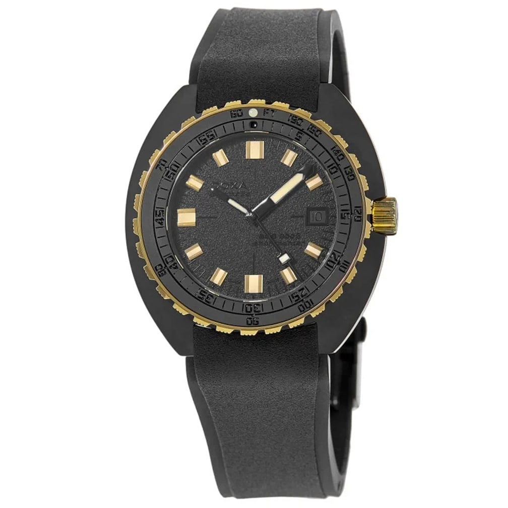 DOXA Sub 300 Beta Sharkhunter Automatic Black Men's Watch: CaseCase MaterialCeramicCase DescriptionBlack Matte CeramicCase FinishMatteCase ShapeCushionCase Width42.50mmCase Height44.50mmCase Thickness11.95mmCase BackSolidBezelUni-Directional