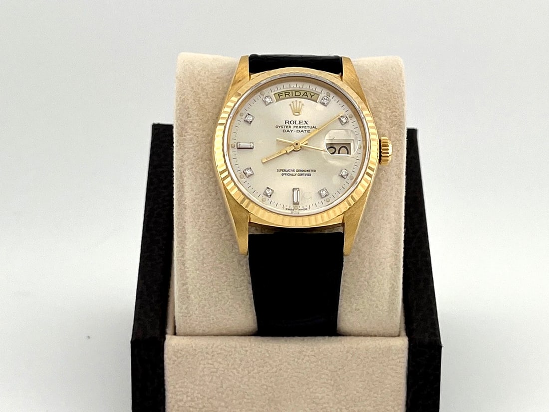 Rolex Day Date 18038 36mm Factory Diamond Dial and Leather Strap 18k Yellow Gold (1 of 11)