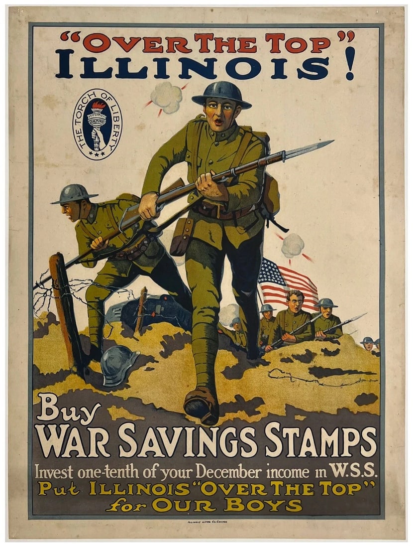 Original Vintage Poster OVER THE TOP ILLINOIS! BUY WAR STAMPS World War I WWI OL (1 of 5)