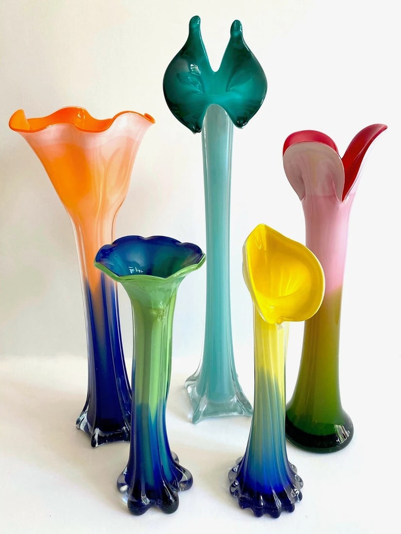 VTG 1990'S POST MODERN ART GLASS MULTICOLOR FLOWERS CONTEMPORARY VASES - 5PC SET: Condition: Used,Handmade: Yes,Production Technique: Hand Blown Glass,Style: Contemporary,Material: Glass,Theme: Flowers,Pattern: Floral,Type: Vase,Vintage: Yes,Brand: Unmarked,Original/Licensed Reprod