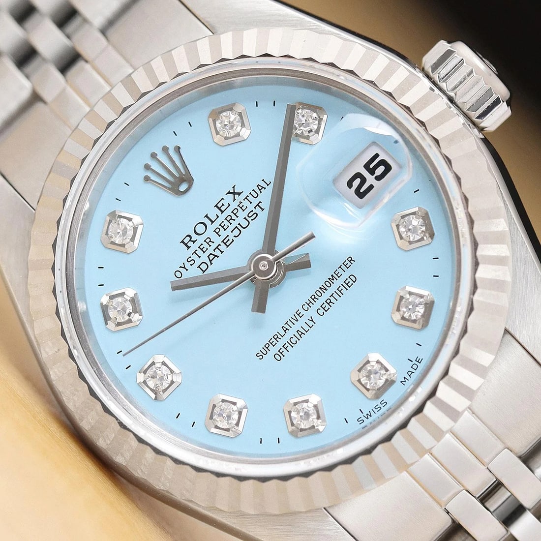 ROLEX LADIES DATEJUST 79174 AQUA BLUE DIAMOND DIAL 18K WHITE GOLD STEEL WATCH: Condition: Pre-owned - Good,Bezel Color: Silver,Max Wrist Size: 6.26-6.75 in,Number of Jewels: 31 Jewels,Indices: Diamond Markers, 12-Hour Dial,Band: Rolex Stainless Steel Jubilee Bracelet,Bezel: Role