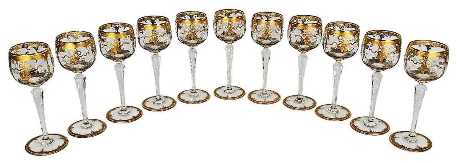 Set 11 Antique French St Louis Crystal Gilded Floral Overlay Wine Hocks Glasses (1 of 20)
