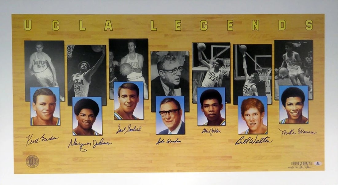 UCLA Bruins Legends Auto Lithograph 7 Sig Kareem Abdul-Jabbar Wooden Bill Walton: approximately 22 x 39.75, that has been hand signed by 7 UCLA Legends. Ã‚Â Signatures include Kareem Abdul-Jabbar, Keith Erickson, Marques Johnson, Gail Goodrich, John Wooden, Bill Walton and