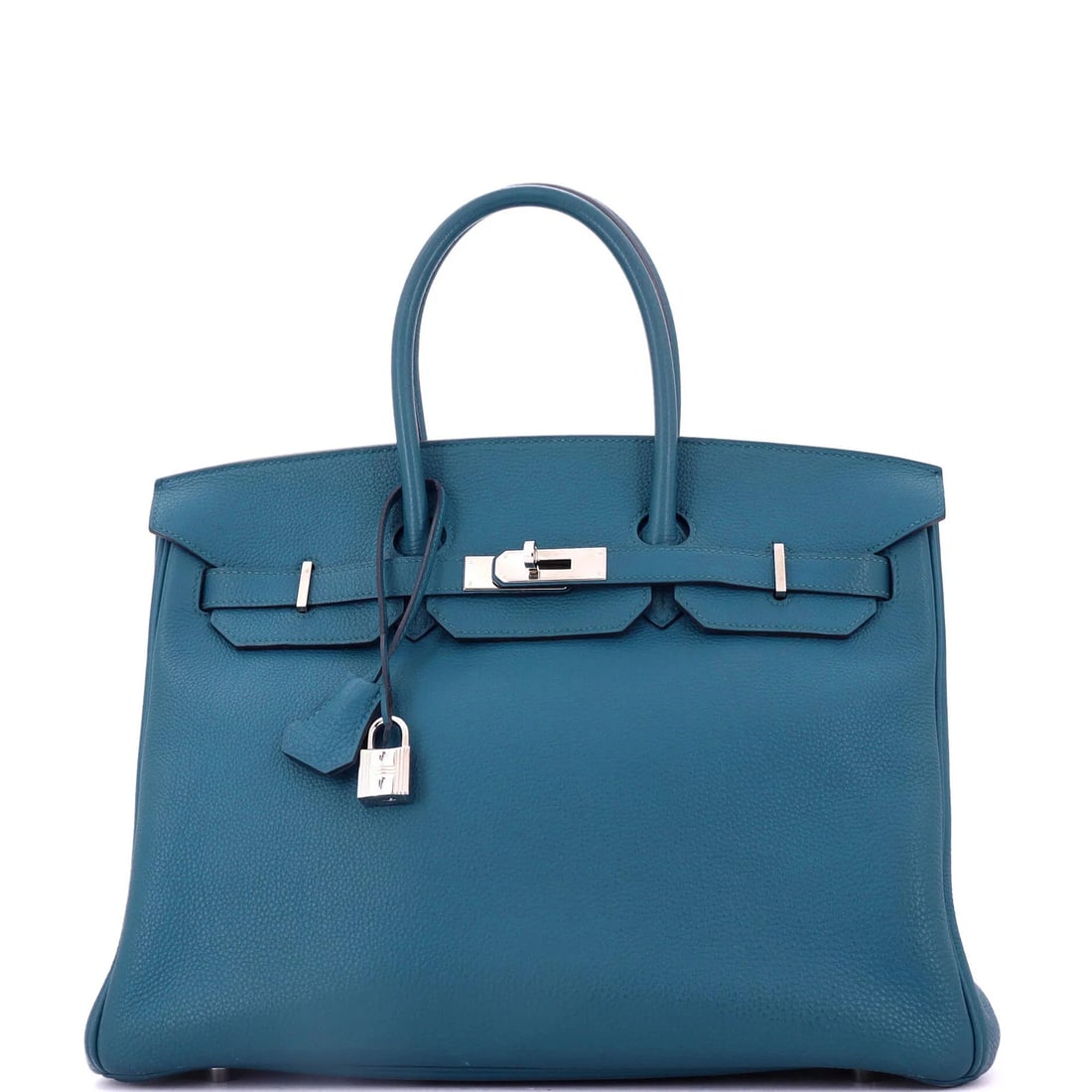 Hermes Birkin Handbag Blue Togo with Palladium Hardware 35: Accessories: Keys, Lock, ClochetteMeasurements: Handle Drop 4", Height 10", Width 13.5", Depth 7". Condition: Pre-owned - Fair,Brand: Hermes,Exterior Material: Leather,Style: Totes,Exterior Color:
