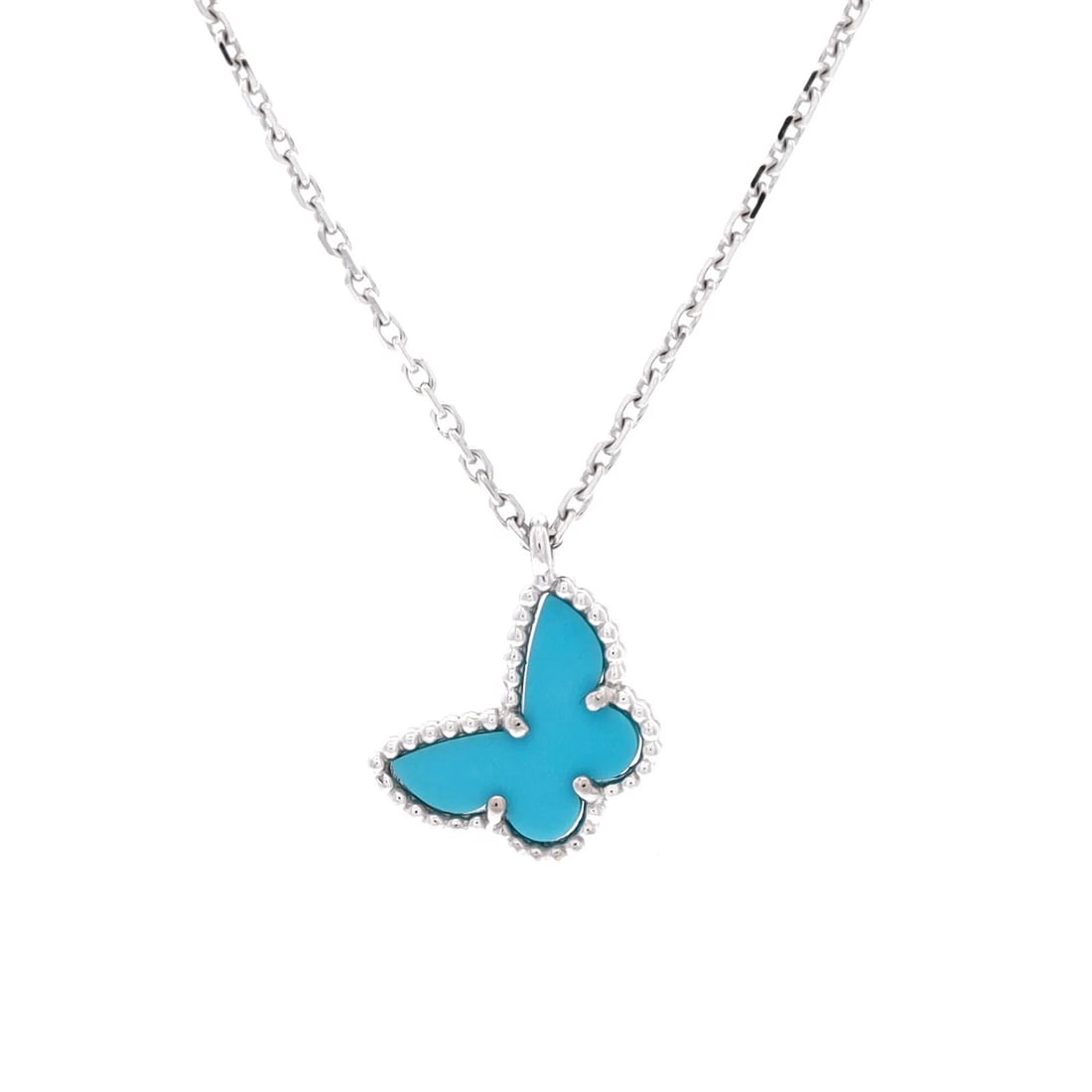 Van Cleef & Arpels Sweet Alhambra Butterfly Pendant Necklace 18K White Gold: Measurements: Length: 15.0 - 15.75 ", Pendant Length: 9.10 mm, Pendant Width: 12.05 mm. Condition: Pre-owned - Good,Brand: Van Cleef & Arpels,Main Stone: Turquoise,Metal: 18K White Gold,Metal Purity: