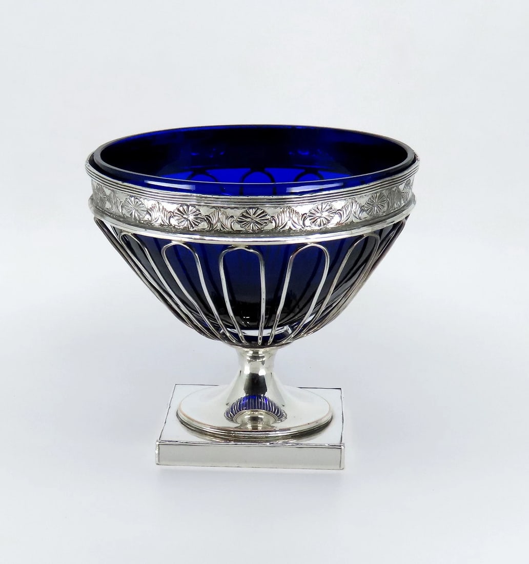 Lovely c1770-1800 Old Sheffield Fused Silverplate Cobalt Glass Sugar Basket Bowl (1 of 7)