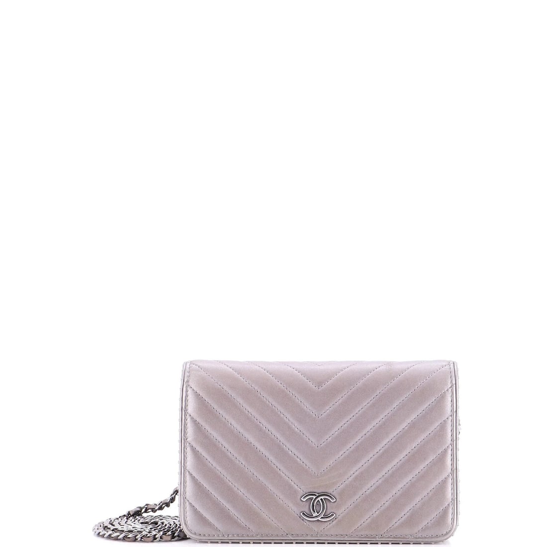 Chanel Wallet on Chain Chevron Lambskin with Studded Detail: Condition: Pre-owned - Good,Brand: Chanel,Exterior Material: Leather,Style: Cross Body Bags,Exterior Color: Silver,Department: Women,Size: Unknown