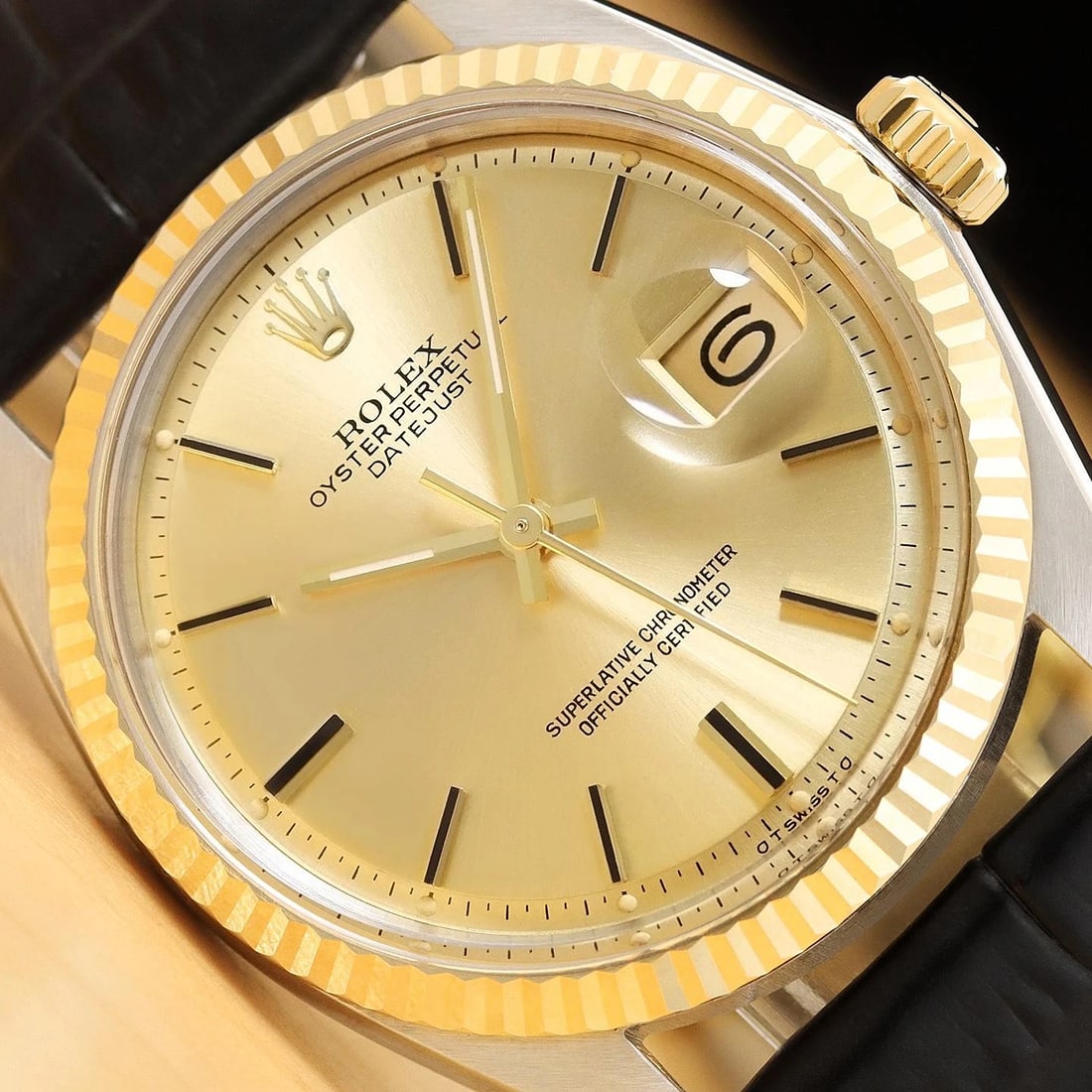 ROLEX DATEJUST 1601 CHAMPAGNE 14K YELLOW GOLD STEEL BLACK LEATHER BAND WATCH: Condition: Pre-owned - Good,Brand: Rolex,Department: Men's,Dial: Rolex Stick Dial,Bezel: Rolex 14K Yellow Gold Fluted Bezel,Features: 12-Hour Dial, Acrylic Crystal, Chronometer, Screwdown Crown, Secon