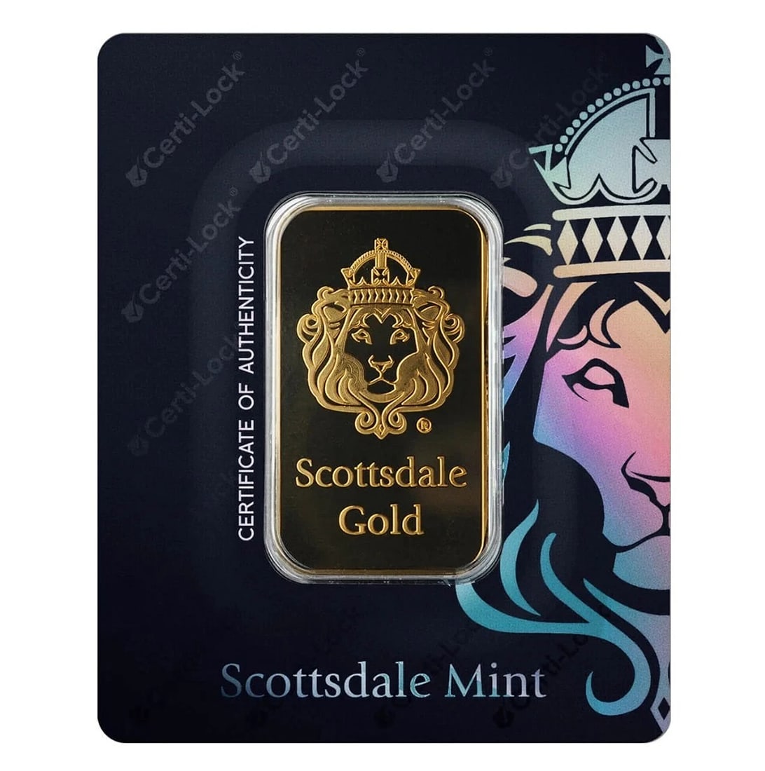 1 oz .9999 Gold Bar by Scottsdale Mint in Certi-LOCK COA #A389: Country of Origin: United States,Composition: Gold,Metal Type: Gold,Shape: Bar,Year: 2025,Fineness: 0.9999,Precious Metal Content per Unit: 1 oz,Brand/Mint: Scottsdale Mint,Total Precious Metal Conten