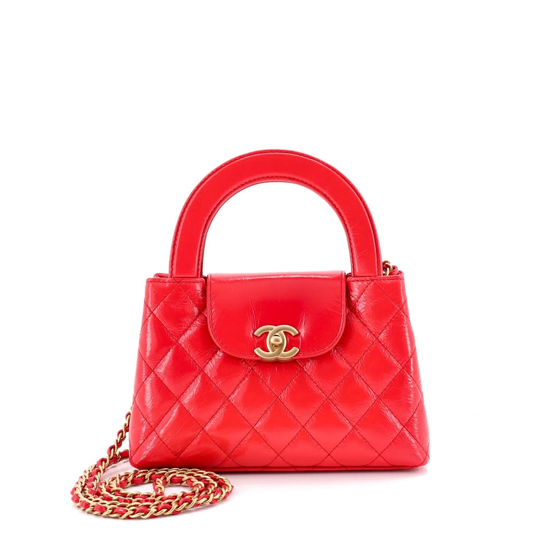 Chanel Kelly Top Handle Shopping Bag Quilted Shiny Aged Calfskin Mini: Condition: Pre-owned - Excellent,Brand: Chanel,Exterior Material: Leather,Style: Top Handle,Exterior Color: Red,Department: Women,Size: Mini,Accessories: Dust Bag
