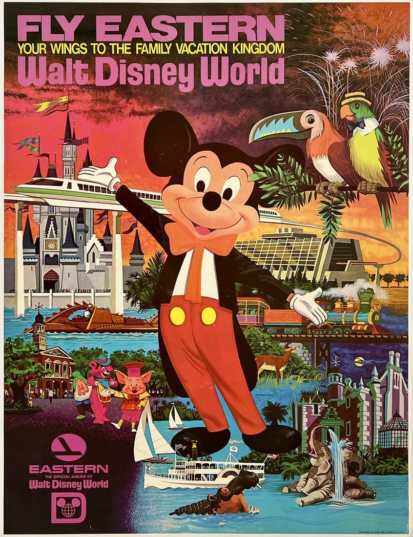 Original Vintage Poster FLY EASTERN AIRLINES WALT DISNEY WORLD Airline Travel OL: Dimensions: 30.3 x 39.8 in. / 77 x 101 cm.; Circa: 1980Original vintage "FLY EASTERN - WALT DISNEY WORLD" airline travel poster printed circa 1980.