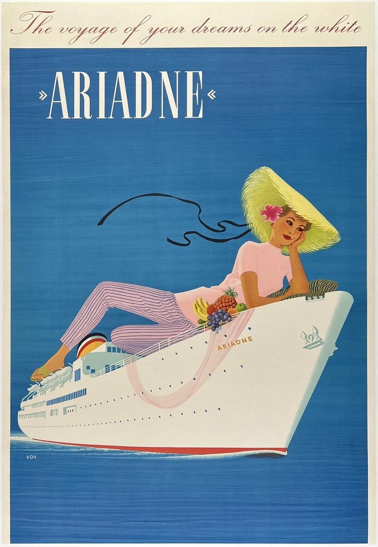 Original Vintage Poster ARIADNE - HAMBURG AMERICA LINE Travel Cruise Ship LINEN: Dimensions: 24.5 x 35.5 in. / 62.2 x 90.2 cm.; Circa: 1958Original vintage "'THE VOYAGE OF YOUR DREAMS ON THE WHITE ARIADNE - HAMBURG AMERICA LINE" cruise ship travel poster, plate signed by its artis