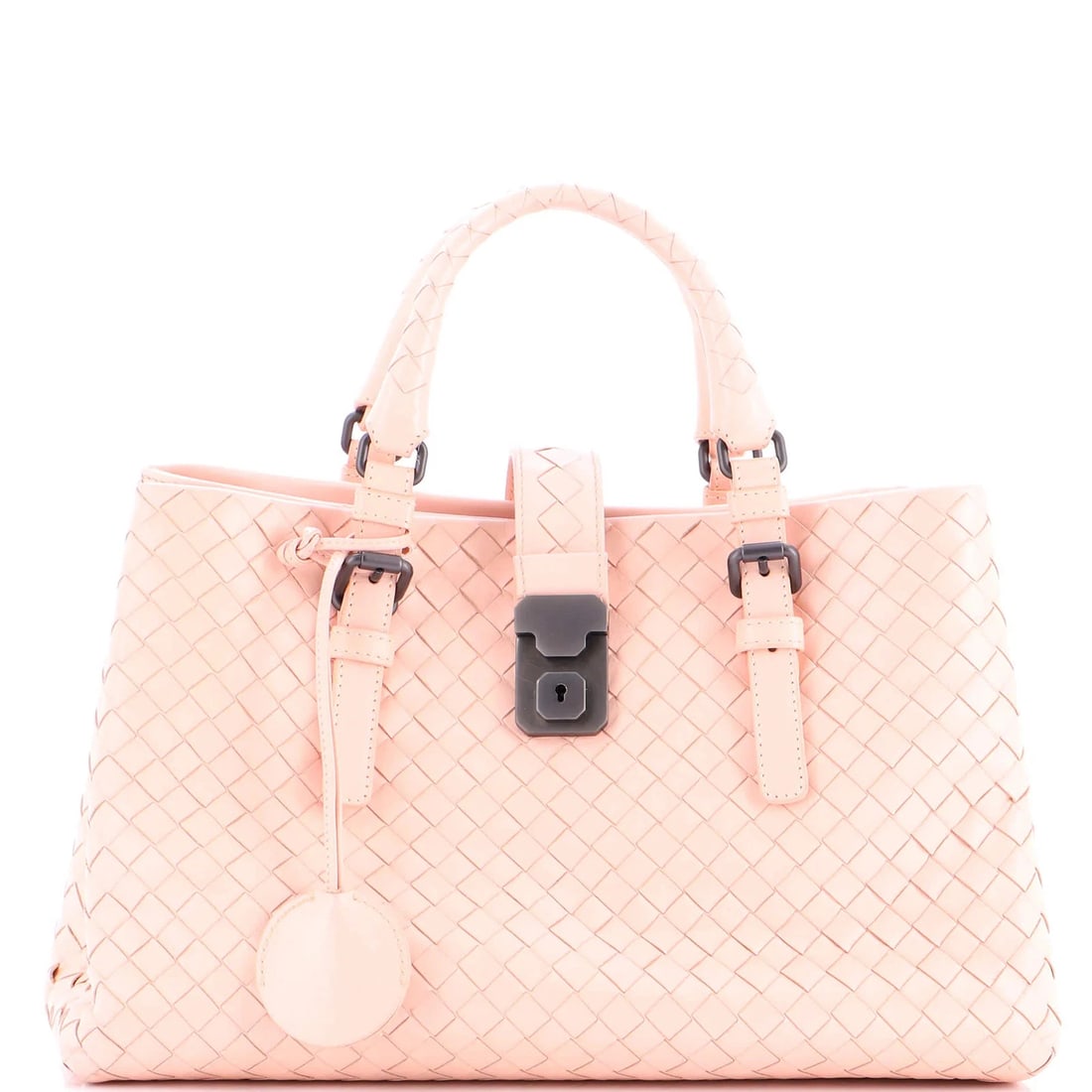 Bottega Veneta Roma Bag Intrecciato Nappa Small: Condition: Pre-owned - Good,Brand: Bottega Veneta,Exterior Material: Leather,Style: Totes,Exterior Color: Pink,Department: Women,Size: Small,Accessories: Keys, Clochette