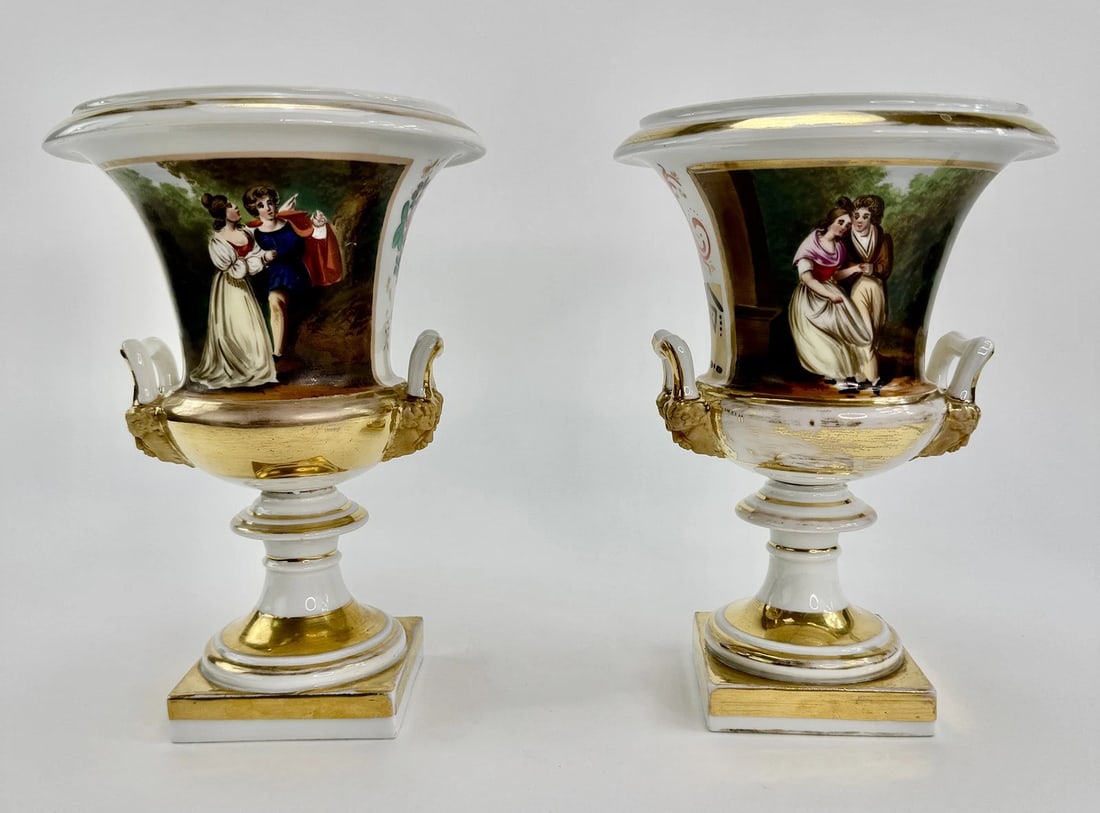 Handsome Pair c1850s Continental European Hand Painted Courting Scene Urns (1 of 9)