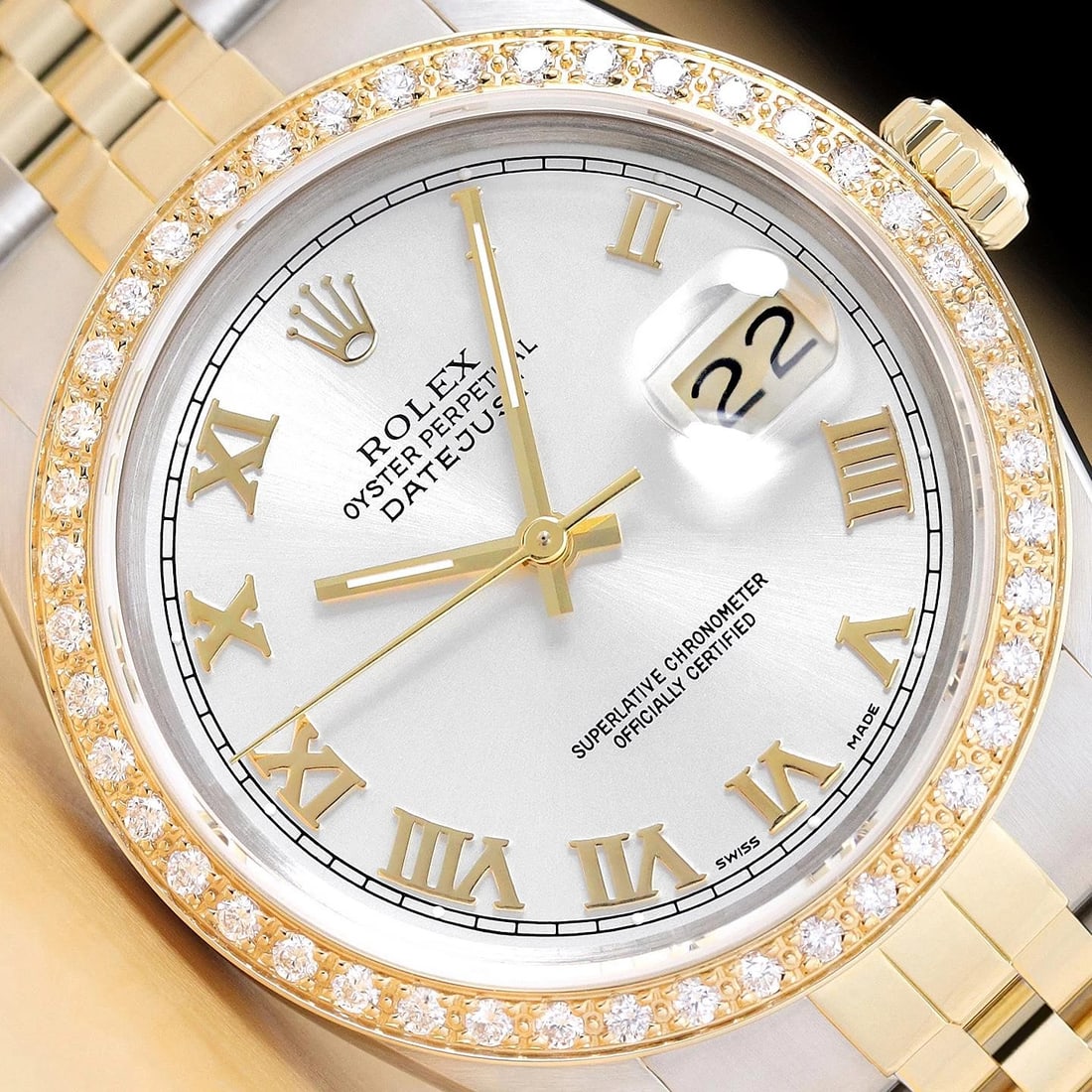 ROLEX MENS DATEJUST 16013 SILVER ROMAN DIAL DIAMOND 18K GOLD STEEL 2-TONE WATCH: Condition: Pre-owned - Good,Country of Origin: Switzerland,Brand: Rolex,Department: Men's,Dial: Rolex Dial Ref. w/ Added Roman Markers,Bezel: Custom 18K Yellow Gold Diamond Bezel,Features: 12-Hour Dia