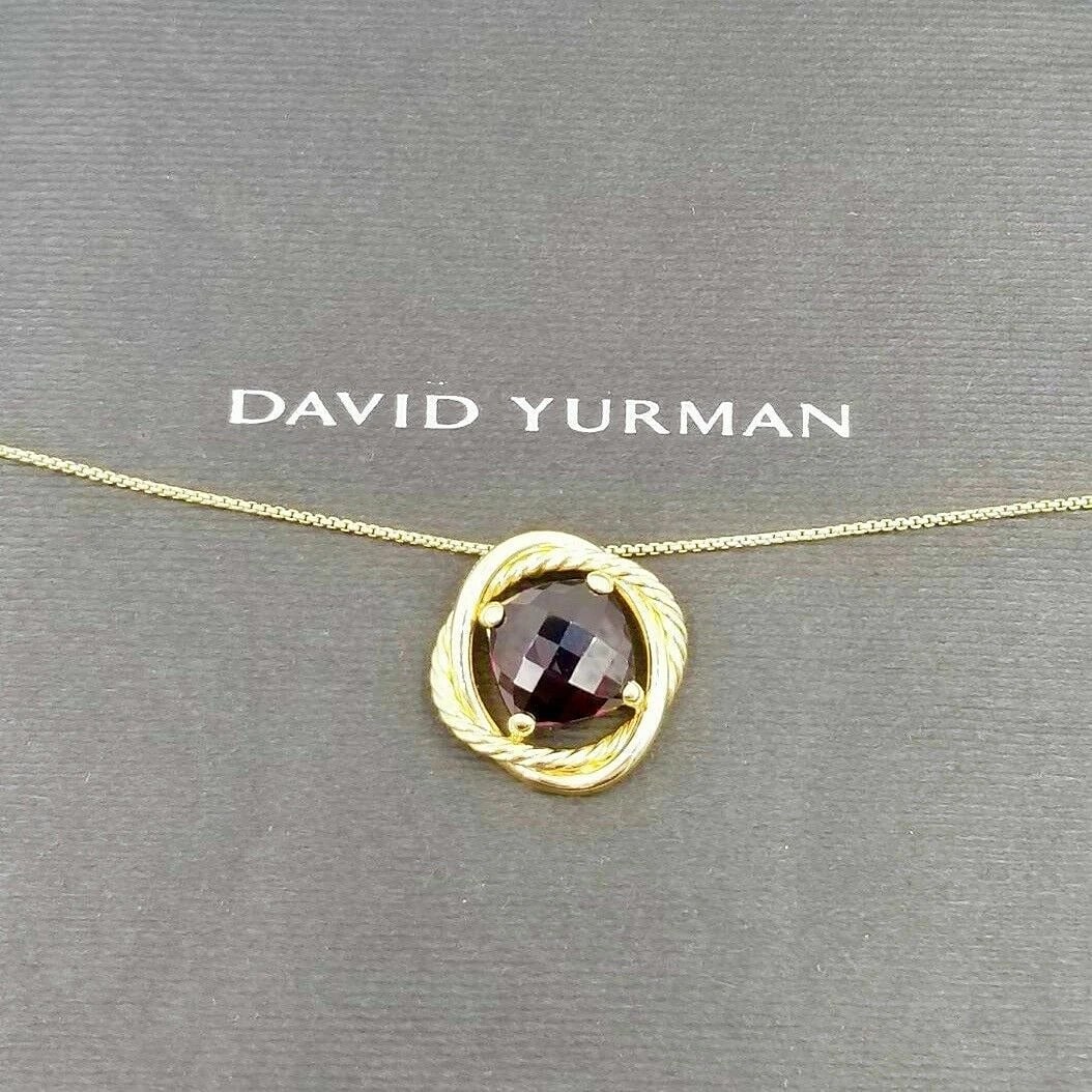 David Yurman 18k Yellow Gold Garnet Infinity Cushion Pendant Necklace: Condition: Pre-owned - Good,Main Stone Color: Red,Metal: Yellow Gold,Main Stone Shape: Cushion,Modified Item: No,Necklace Length: 18 in,Pendant Shape: Cushion,Material: Gemstone,Length (inches): 18",M