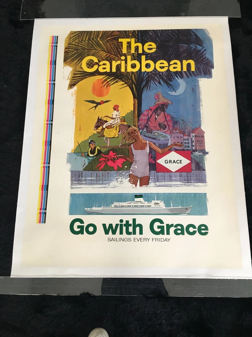 Original 1967 "THE CARIBBEAN" - "GO WITH GRACE" Travel Poster - PRINTERS PROOF! (1 of 10)