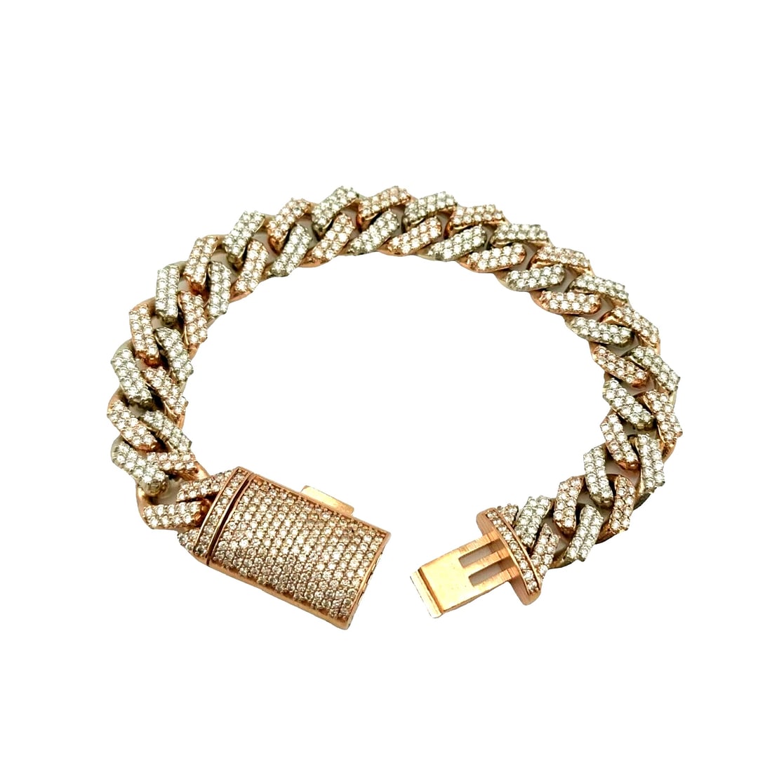 Iced Out Diamonds Cuban Link 10k White & Rose Gold Bracelet 13 mm Wide 8'Inches: Condition: Pre-owned - Good,Number of Diamonds: 573,Main Stone Creation: Natural,Closure: Box,Sizable: No,Main Stone Color: White,Metal: White Gold,Item Length: 8 in,Modified Item: No,Main Stone: Diam
