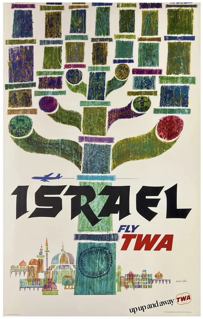 Original Vintage Poster ISRAEL FLY TWA UP UP & AWAY Airline Travel KLEIN LINEN: Condition: Used,Country of Origin: United States,Type: Poster,Airline: TWA,Modified Item: NoCondition: Excellent / Very Good * (linen backed; near mint condition with just a few very small edge tears