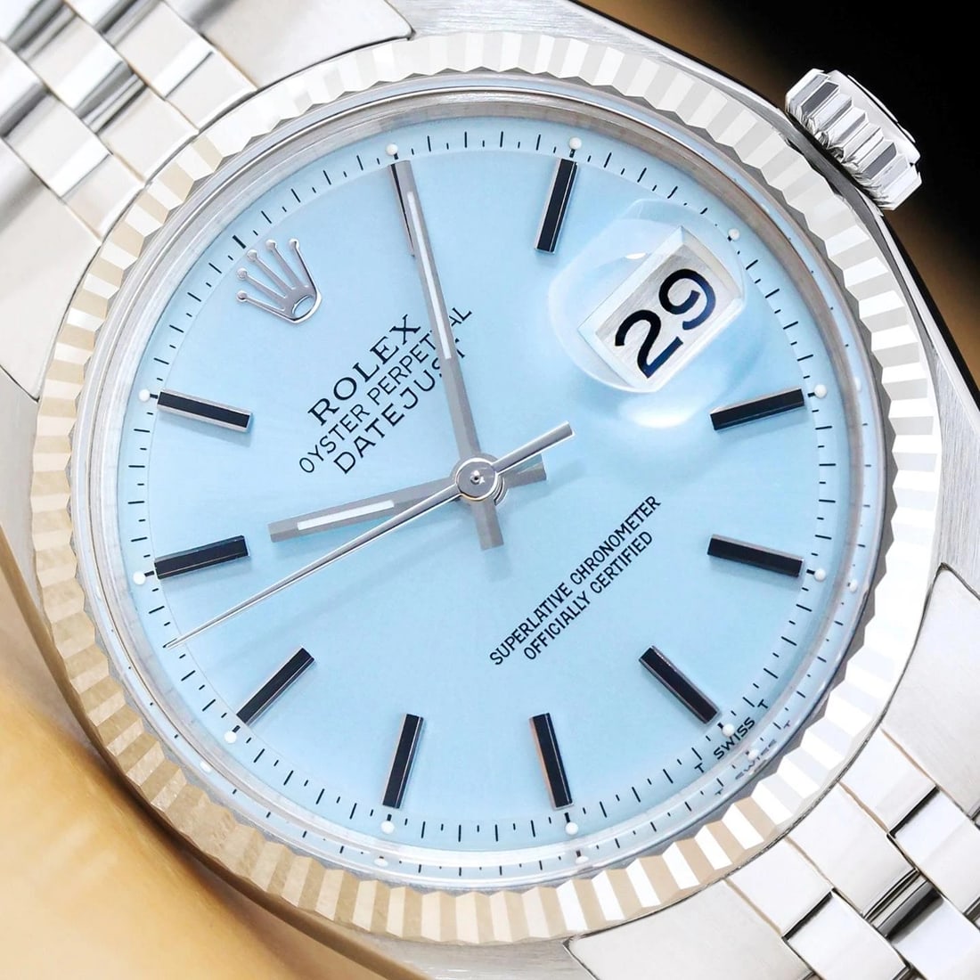 ROLEX DATEJUST 1601 ICE BLUE DIAL 18K GOLD STEEL WATCH w/ ROLEX FOLDED BRACELET: Condition: Pre-owned - Good,Bezel Color: Silver,Max Wrist Size: 7.26-7.5 in,Number of Jewels: 26 Jewels,Indices: Stick Indexes,Bezel: Rolex 18K White Gold Fluted Bezel,Band/Strap: Bracelet/Link Band,C