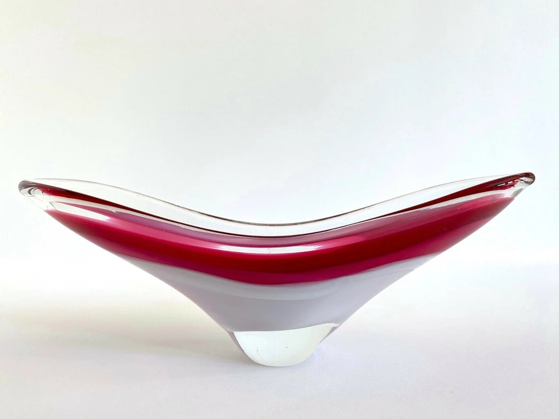 MCM ITALY MURANO ART GLASS RASPBERRY PINK SCULPTURAL OVAL SOMMERSO PEDESTAL BOWL (1 of 12)