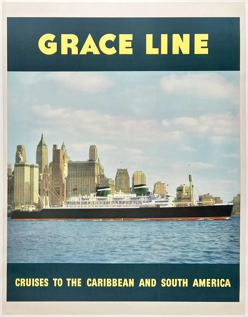 Original Vintage Poster GRACE LINE CARIBBEAN SOUTH AMERICA Cruise Ship LINEN (1 of 5)