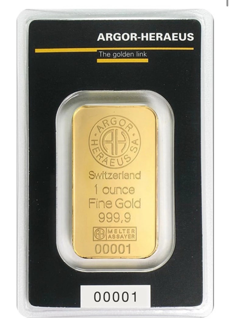 Argor Heraeus Gold Bar 1 oz 999.9 Fine in Assay Switzerland: Composition: Gold,Shape: Bar,Precious Metal Content per Unit: 1 oz,Total Precious Metal Content: 1 oz,Brand/Mint: Argor-Heraeus