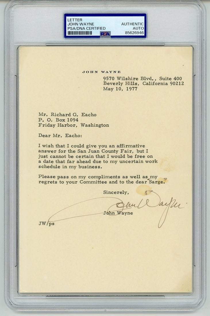 John Wayne Signed Letter Dated 5/10/1977 (PSA) (1 of 3)