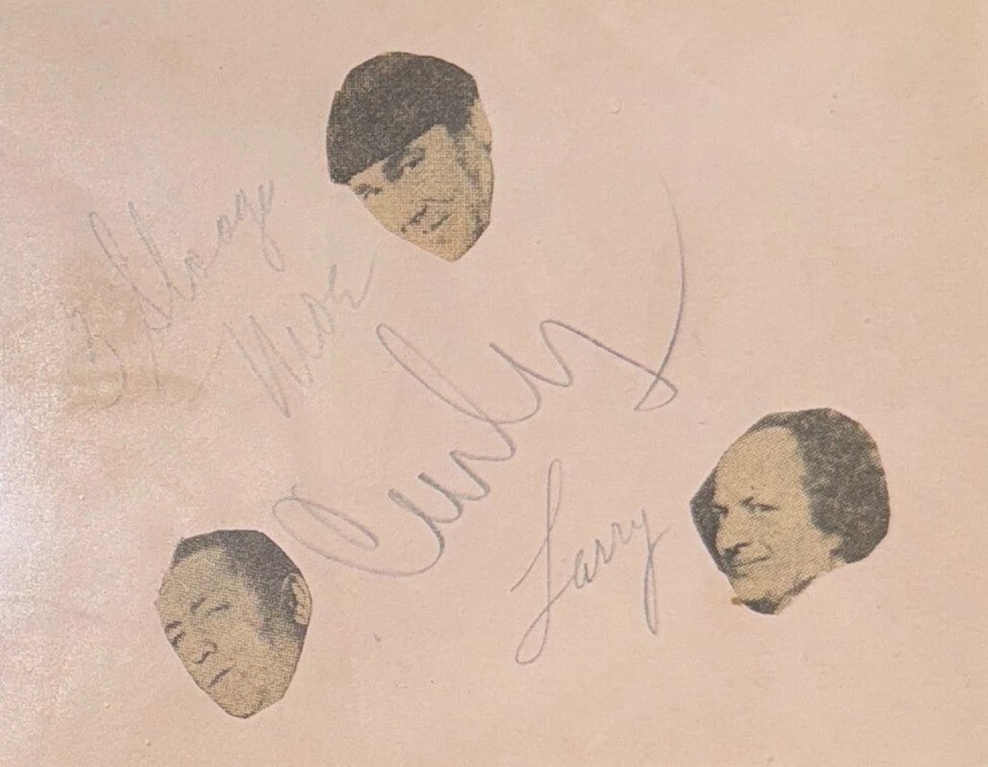 THE THEE STOOGES Curly Howard, Moe Howard & Larry Fine Signed & Framed Album Page From The 1930's: Framed to a total size of 20.5 x 16.5". Country of Origin: United States,Industry: Historical,Signed: Yes,Autograph Authentication: James Spence (JSA),Original/Reproduction: Original