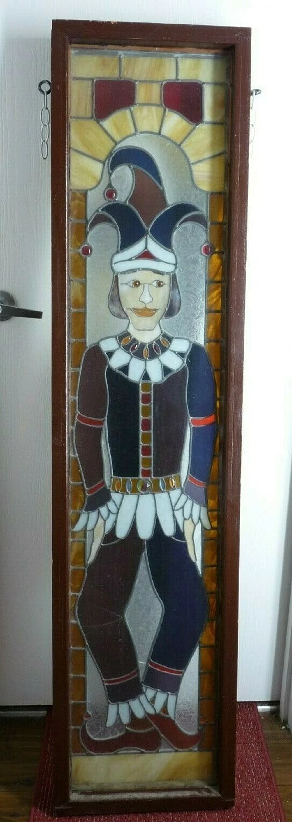 COOL Joker Jester Antique Framed Stained Glass Window 62" x 15" MARDI GRAS (1 of 12)