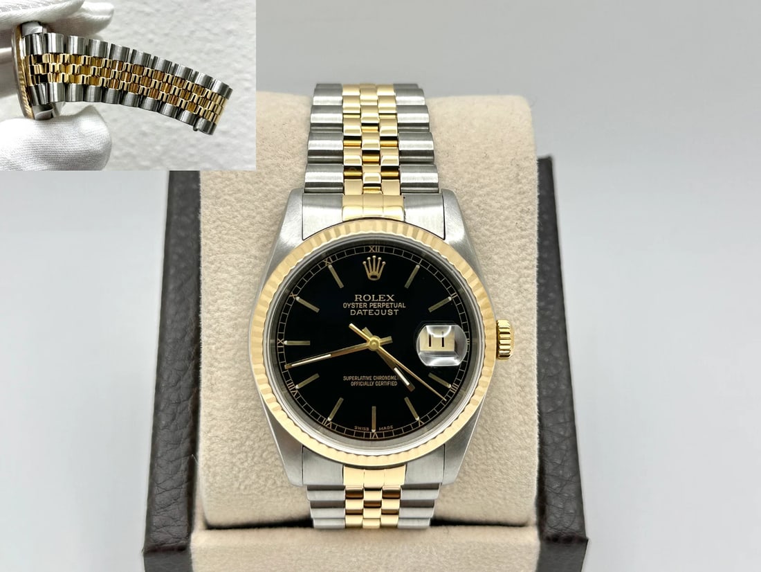 Rolex Datejust 16233 36mm Black Dial 18K Yellow Gold Stainless Steel: Style Number: 16233Serial: K602***Year: 2001 Model: Rolex Datejust Case Material: Stainless Steel Band: 18K Yellow Gold & Stainless Steel Bezel: 18K Yellow Gold Dial: Black Crystal: Sapphire Crystal C