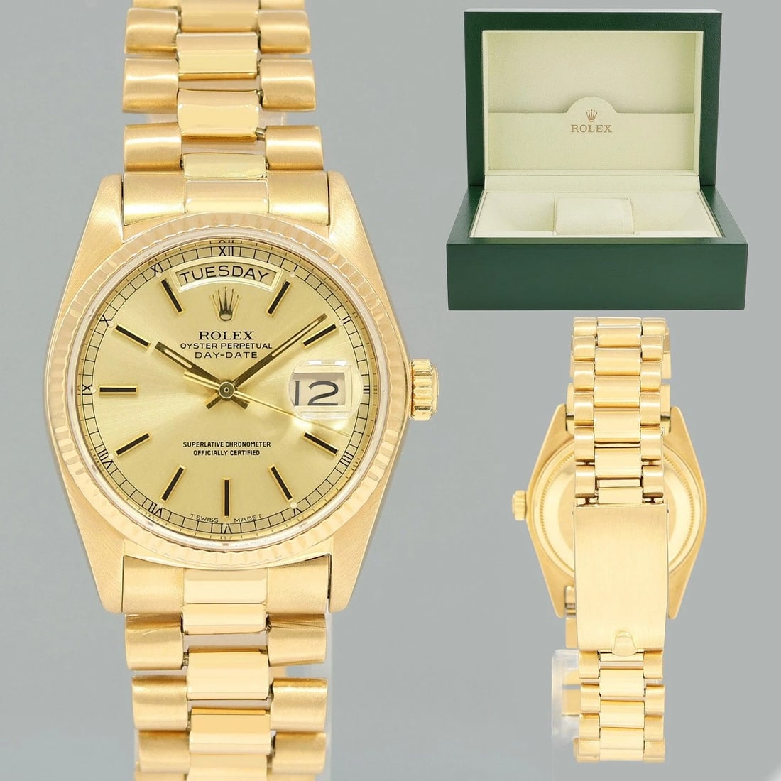 Rolex President Day Date Champagne 18038 Quick Set 18k Yellow Gold Watch Box: Brand Rolex (Guaranteed Authentic)ModelDay-Date PresidentReference Number18038Serial Number5.5GenderMensMetalYellow GoldCase Size36.00mmWrist SizeThis watch will currently comfortably fit a wrist up t