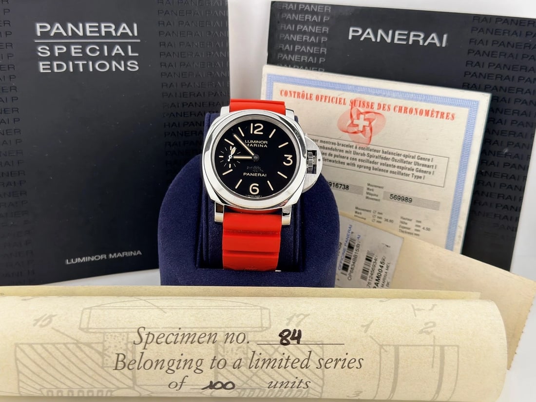 Panerai Luminor Marina Beijing Boutique Edition PAM00459 PAM 459 44mm Paper: Style Number: PAM00459 / PAM 459Serial: BB153****Year: 2013 Model: Panerai Luminor Marina - Beijing Boutique Limited Edition 84/100 Case Material: Stainless Steel Band: Red Rubber Strap Bezel: Stainle