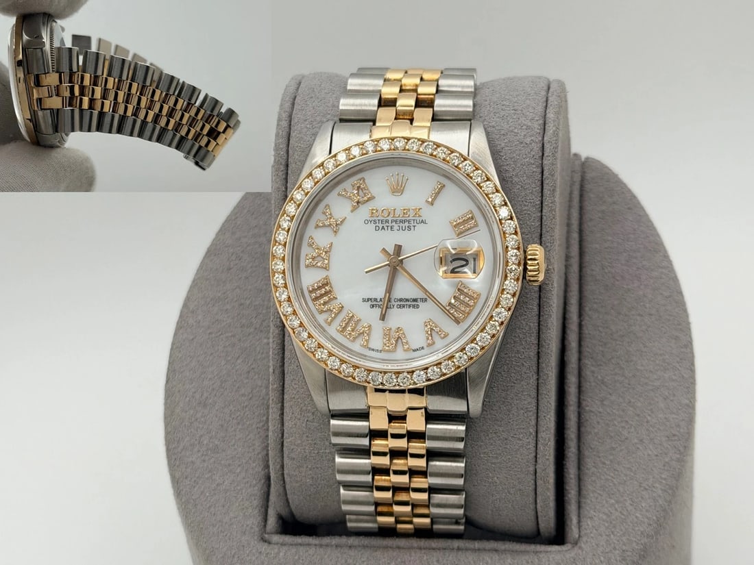 Rolex Datejust 16013 36mm White Diamond Roman Dial Diamond Bezel Gold Steel: Style Number: 16013Serial: 836****Year: 1984 Model: Rolex Datejust Case Material: Stainless Steel Band: Yellow Gold & Stainless Steel Jubilee Bezel: Custom Diamond Bezel Dial: Custom Diamond White Rom