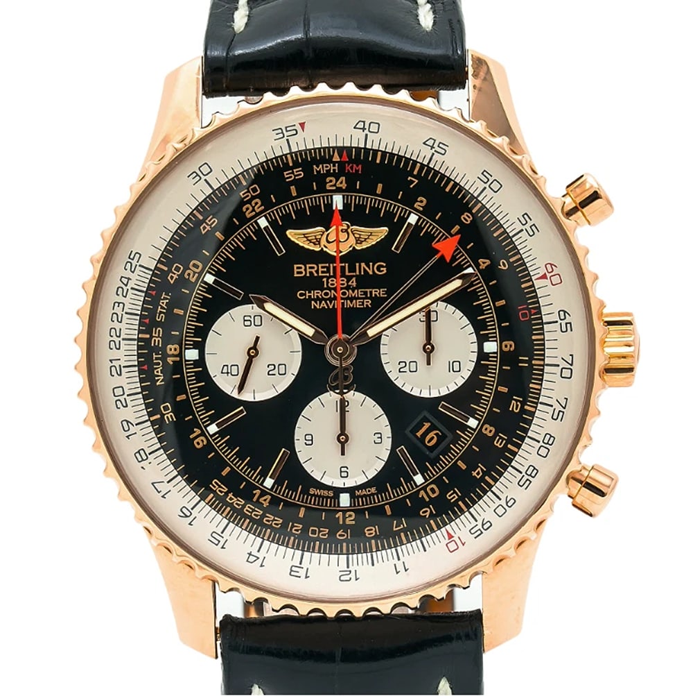 Breitling Navitimer RB0441 w/Box Automatic 18k Rose Gold Black Dial Men's 48mm: Case Size48mmWrist Fit8 inchesBoxYesPapersNoCondition — ExcellentFull SpecificationsBrandBreitlingCustomizedNoSerial #400xxxxGenderMenBand MaterialLeatherBand ColorBlackBezel Diameter48mmCase Materi