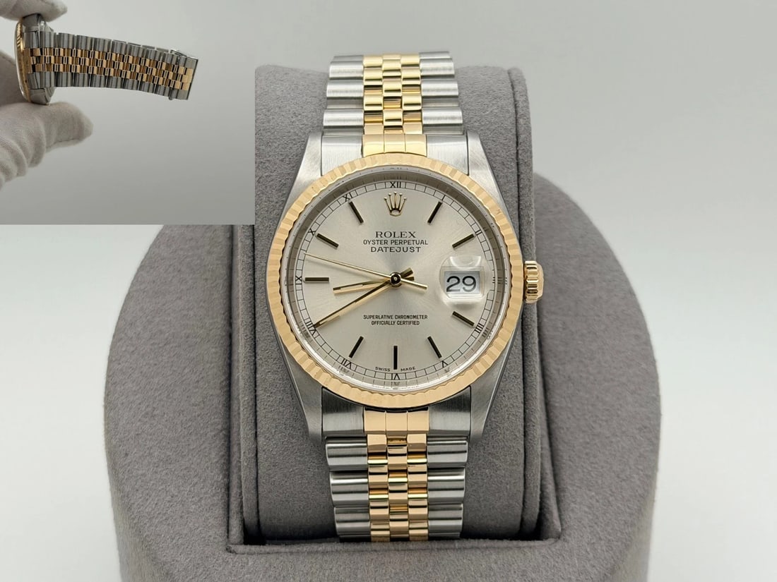 Rolex Datejust 16233 36mm Silver Dial 18k Yellow Gold Stainless Steel Jubilee: Style Number: 16233Serial: P56****Year: 2000 Model: Rolex Datejust Case Material: Stainless Steel Band: 18k Yellow Gold & Stainless Steel Jubilee Bezel: 18k Yellow Gold Fluted Dial: Silver