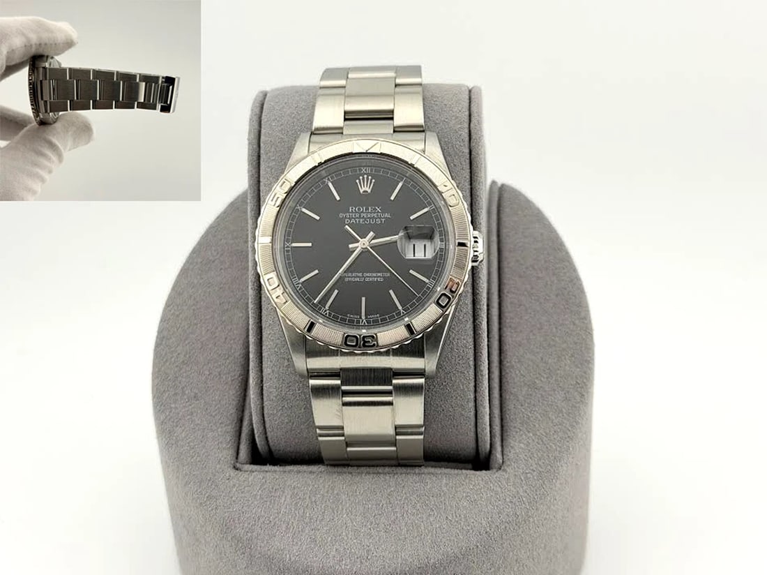 Rolex Datejust Turn O Graph Thunderbird 16264 36mm Black Dial 18k Gold Steel: Style Number: 16264Serial: K88****Year: 2001 Model: Rolex Datejust Turn-O-Graph "Thunderbird" Case Material: Stainless Steel Band: Stainless Steel Bezel: 18k White Gold Dial: Black Dial Crystal:
