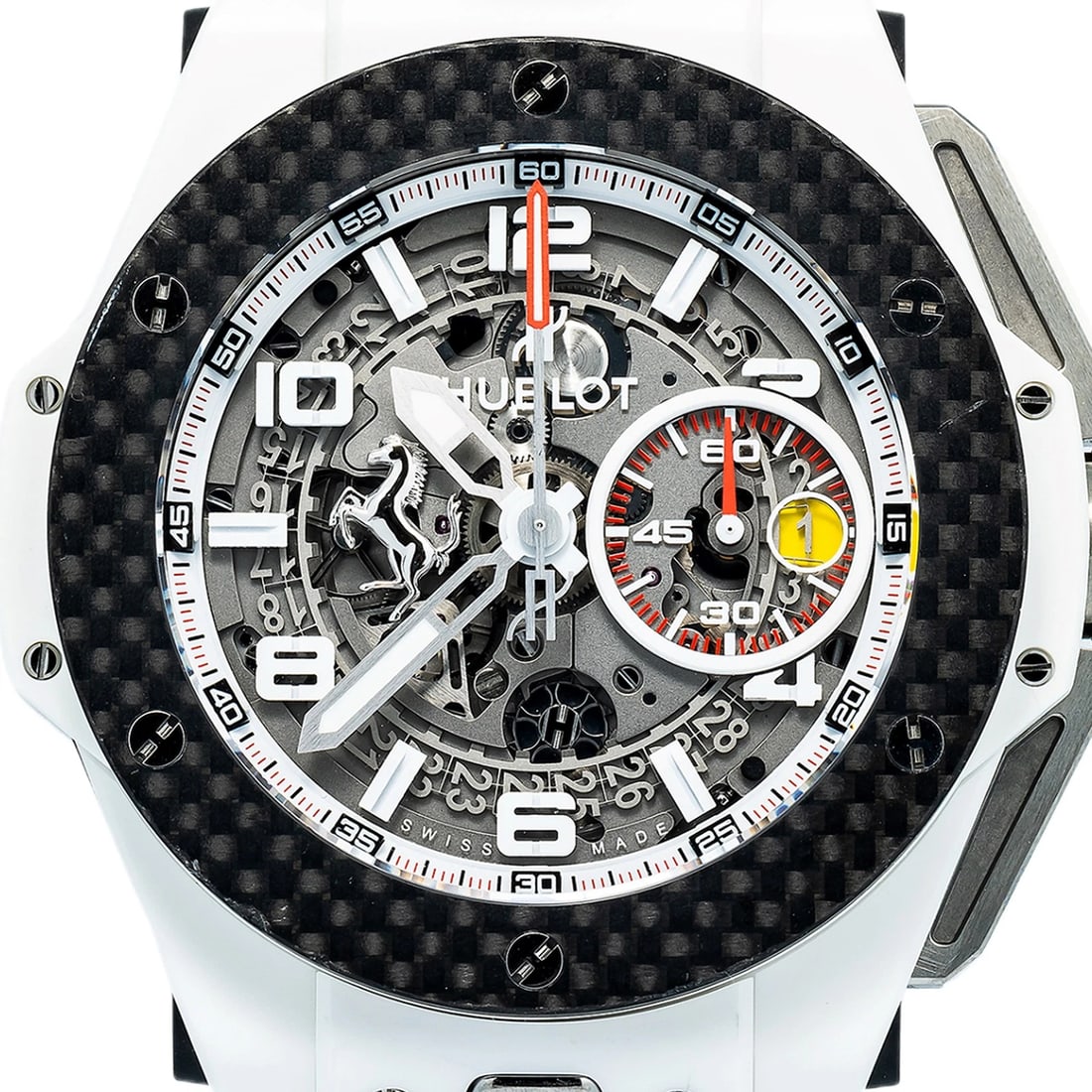 Hublot Big Bang Ferrari 401.HQ.0121.VR Complete Fully Serviced 2025 Watch 45MM: Case Size45MMWrist Fit7.5 inchesBoxYESPapersYESCondition — ExcellentFull SpecificationsBrandHublotCustomizednoSerial #103xxxxGenderMenBand Materialcalfskin leatherBand ColorWhiteBezel Diameter43MMCa