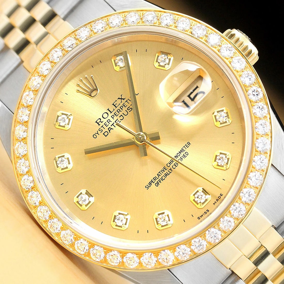 ROLEX MENS DATEJUST 16233 CHAMPAGNE 18K GOLD DIAMOND 1.60 CT BEZEL STEEL WATCH: Condition: Pre-owned - Good,Bezel Color: Gold,Max Wrist Size: 7.26-7.5 in,Number of Jewels: 31 Jewels,Indices: Diamond Markers, 12-Hour Dial,Bezel: Custom 18K Yellow Gold 1.60 CT Diamond Bezel,Band/St