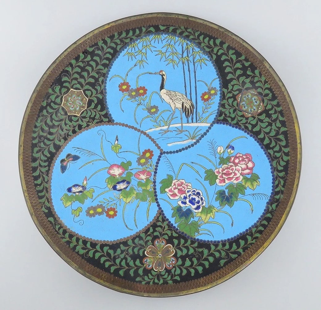 Antique Meiji Japanese Cloisonne Enamel Heron Crane Flower Charger Plate 12" (1 of 7)
