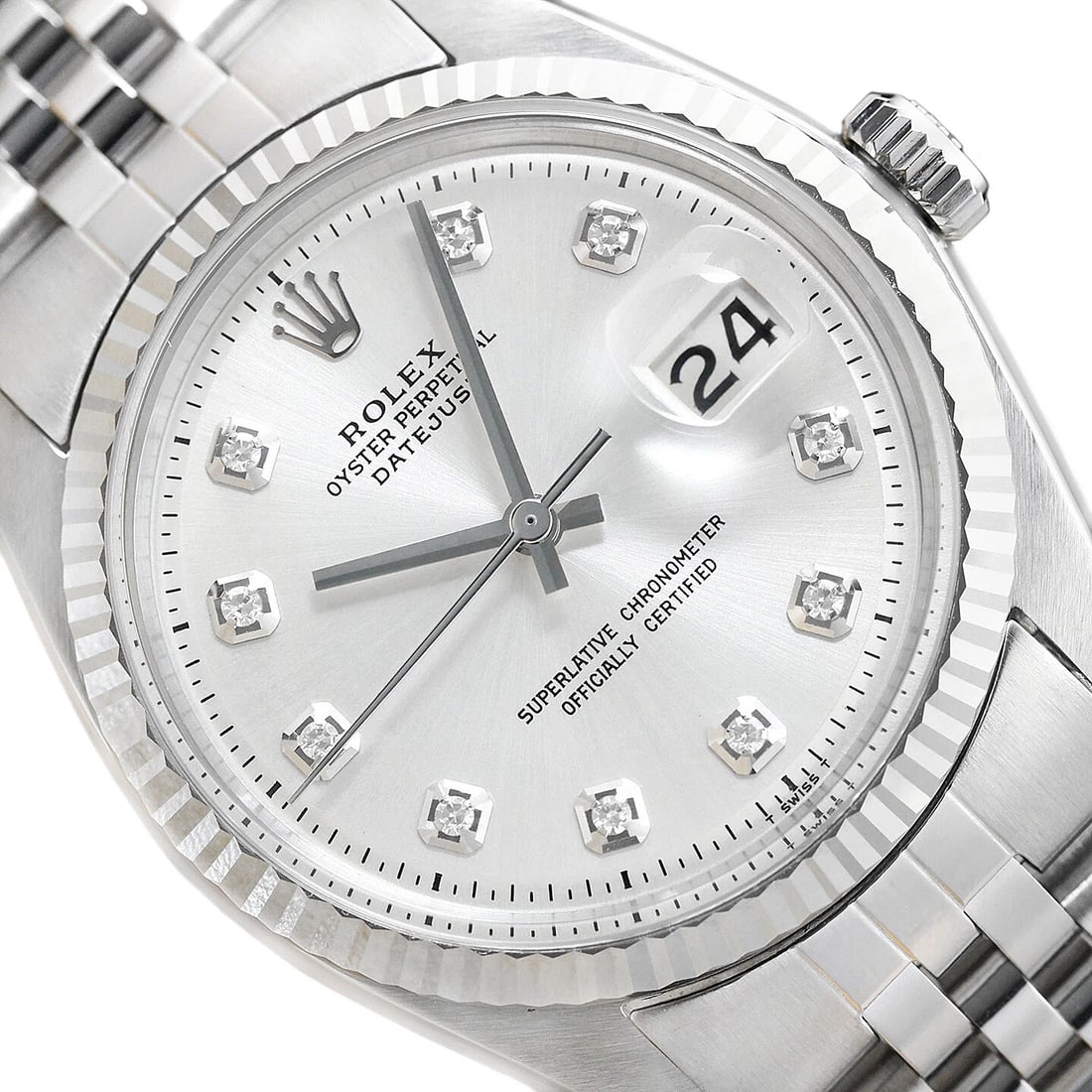 MENS ROLEX DATEJUST 1601 18K WHITE GOLD STAINLESS SS SILVER DIAMOND DIAL WATCH: Condition: Pre-owned - Good,Bezel Color: Silver,Max Wrist Size: 7.26-7.5 in,Number of Jewels: 26 Jewels,Indices: Diamond Markers, 12-Hour Dial, Multiple Hands,Band/Strap: Bracelet/Link Band,Case Thick